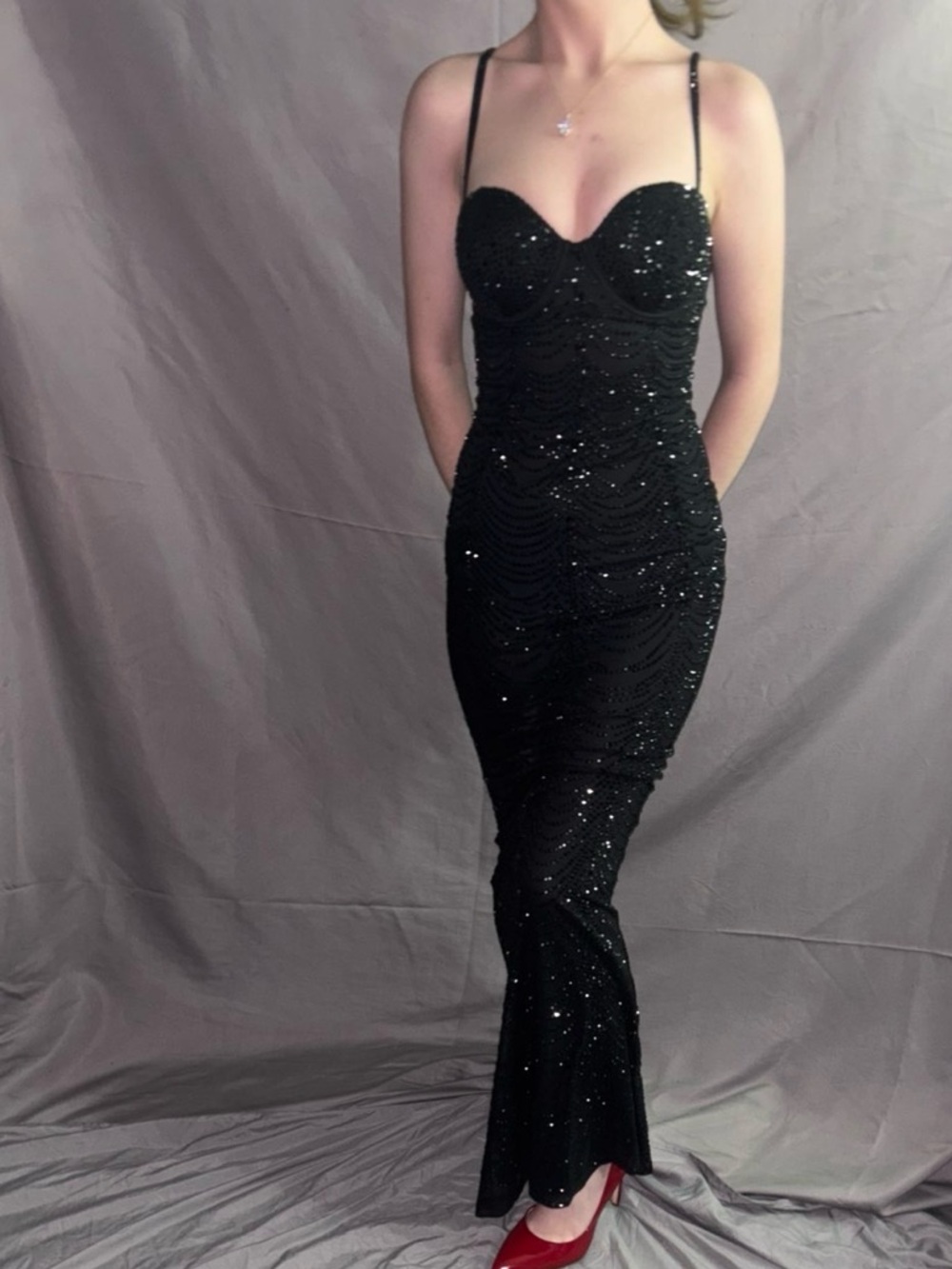 ☆Elegant Black Sequin Mermaid Dress with adjustable Spaghetti Straps